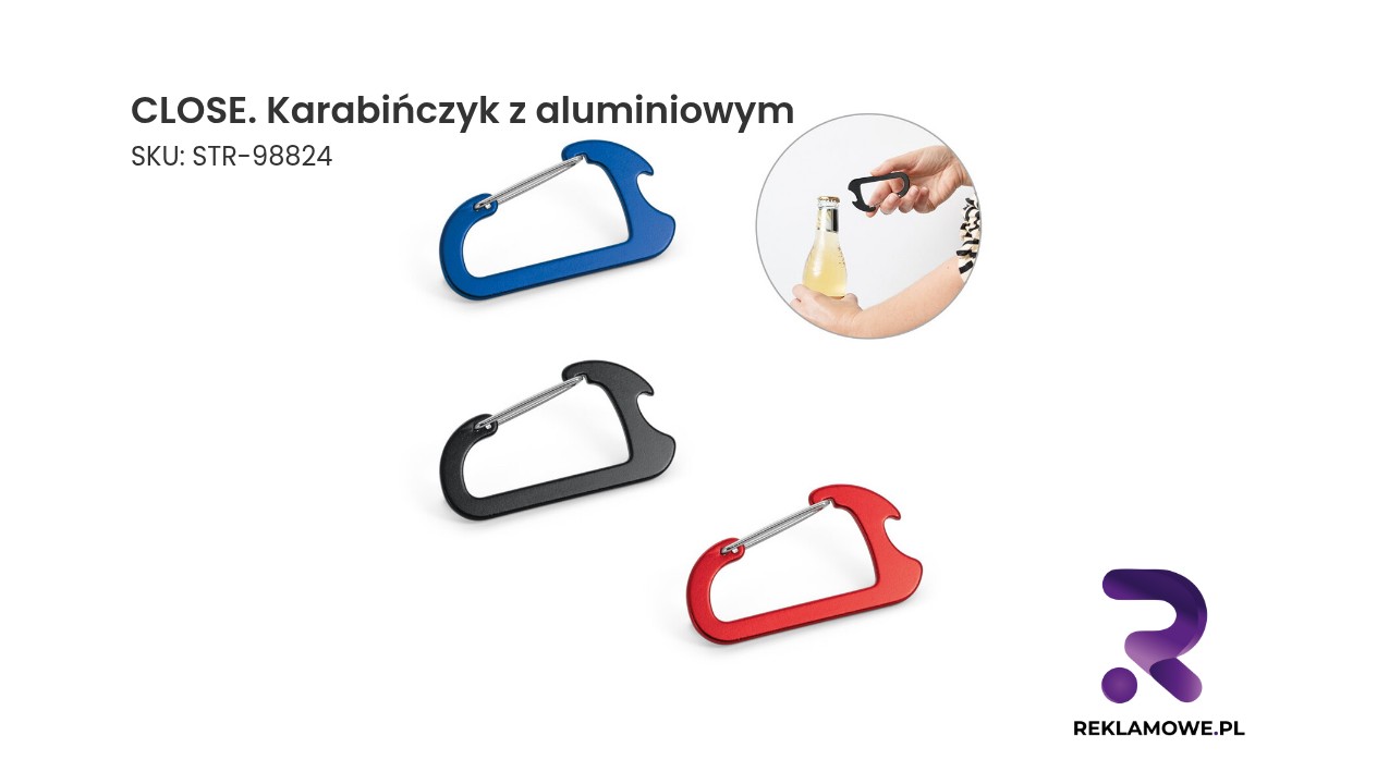 CLOSE. Karabińczyk z aluminiowym otwieraczem do kapsułek Karabińczyk wykonany z aluminium